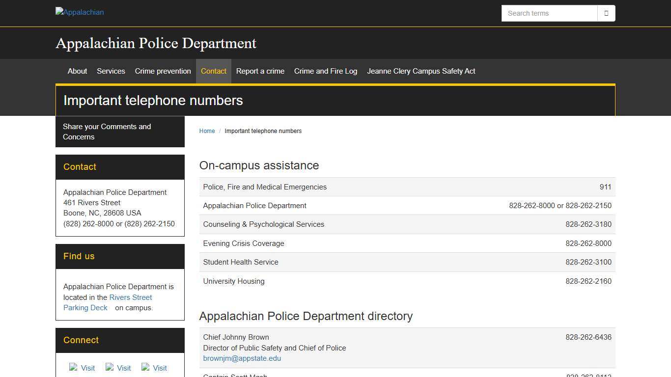 Important telephone numbers Appalachian Police Department