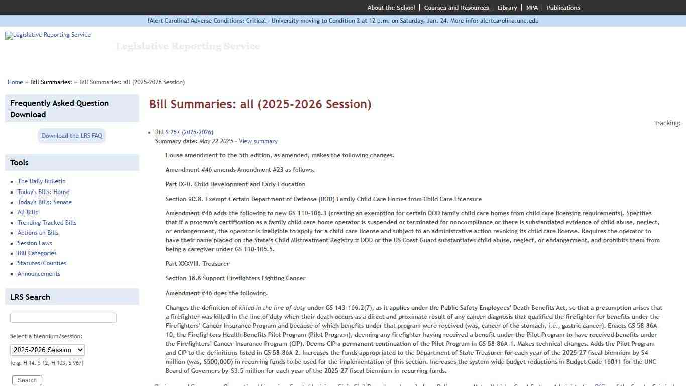 Bill Summaries: all (2025-2026 Session) Legislative Reporting Service